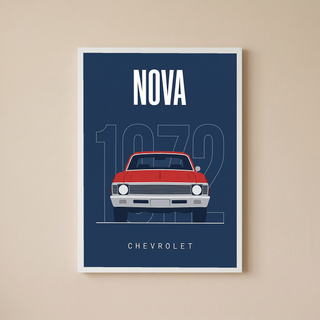 Chevrolet Nova 1972 Minimalist Poster — Red on Navy Compact Muscle Line Art