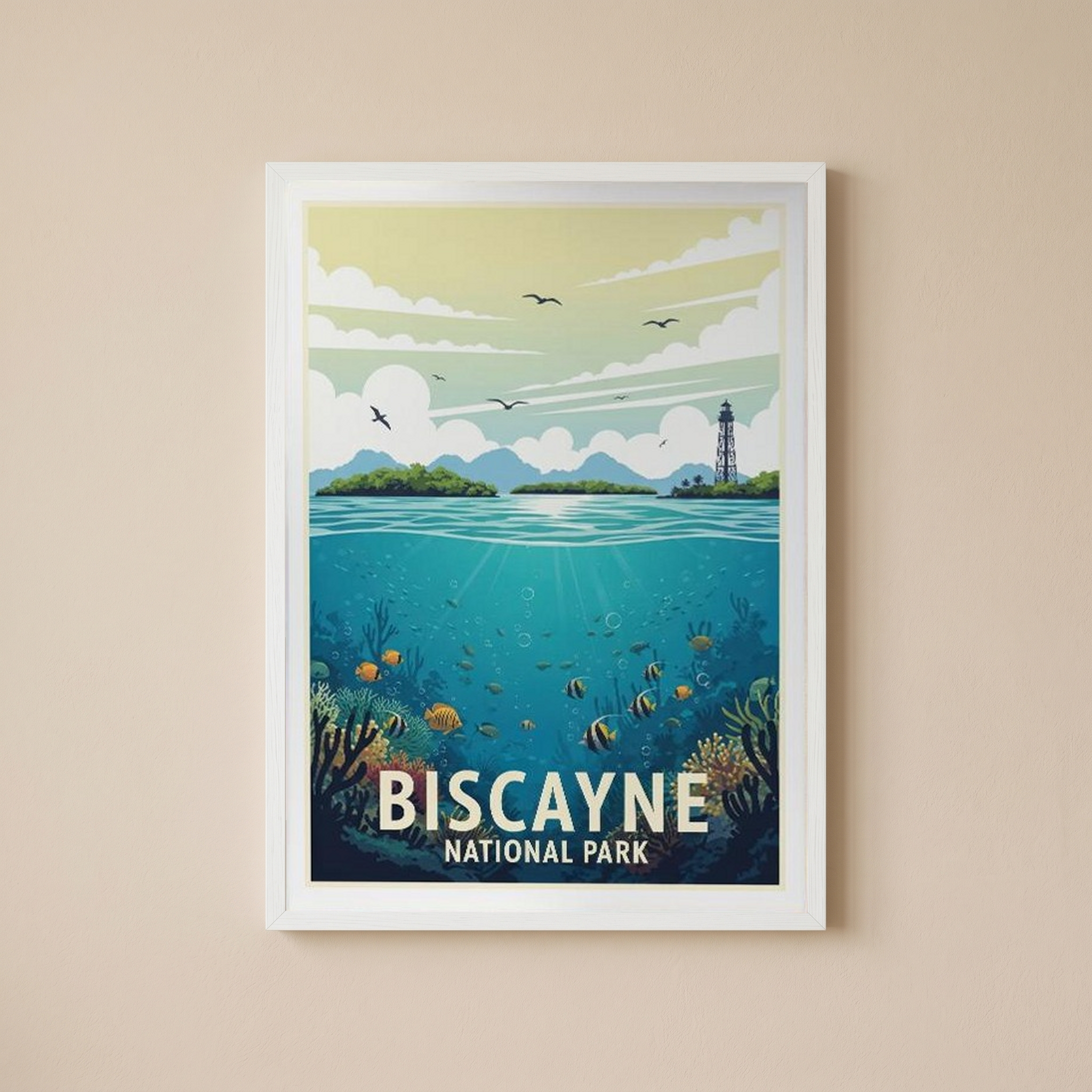 Biscayne National Park Poster — Vintage Florida Coral Reef Lighthouse Print