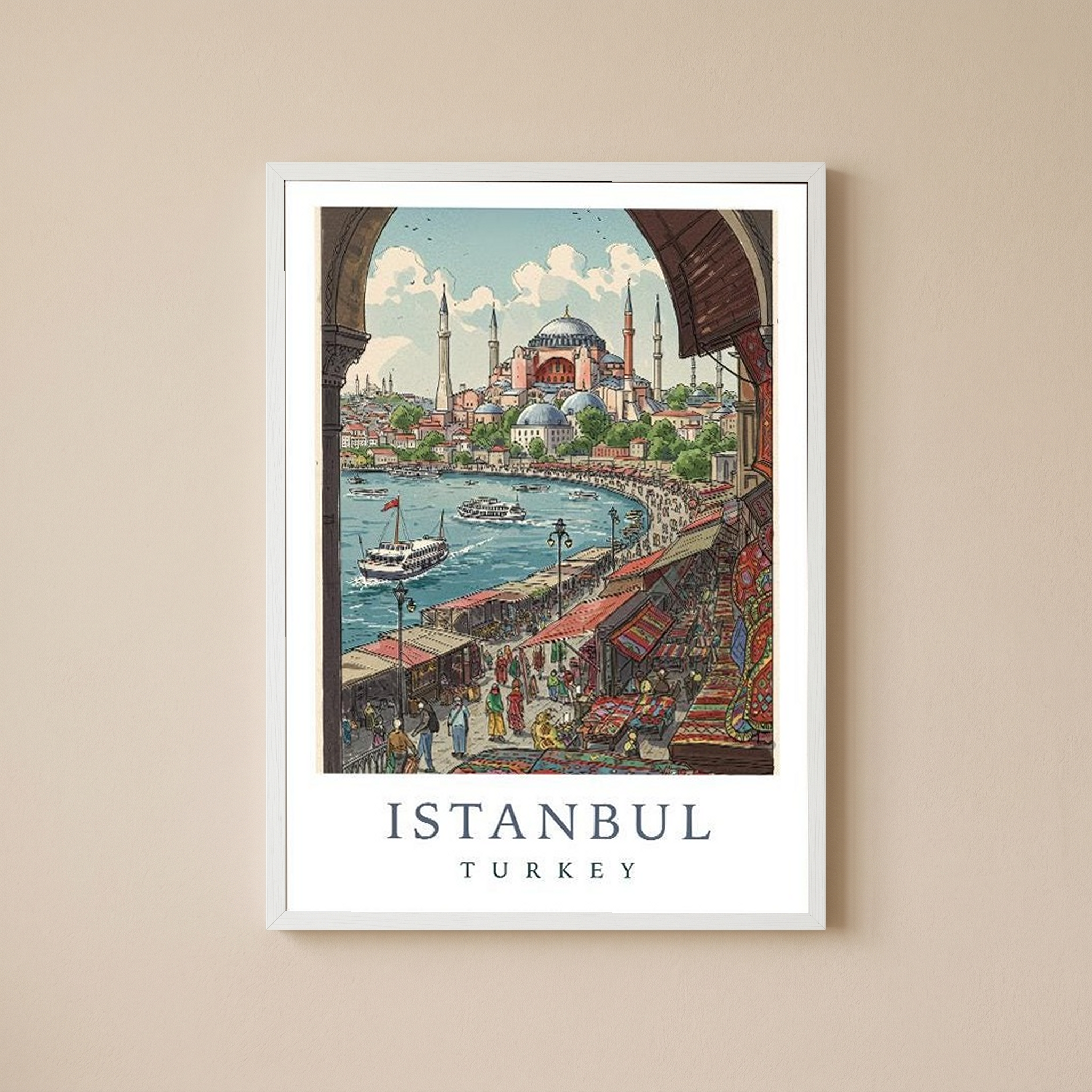 Istanbul Turkey Travel Poster — Hagia Sophia Bosphorus Bazaar Print