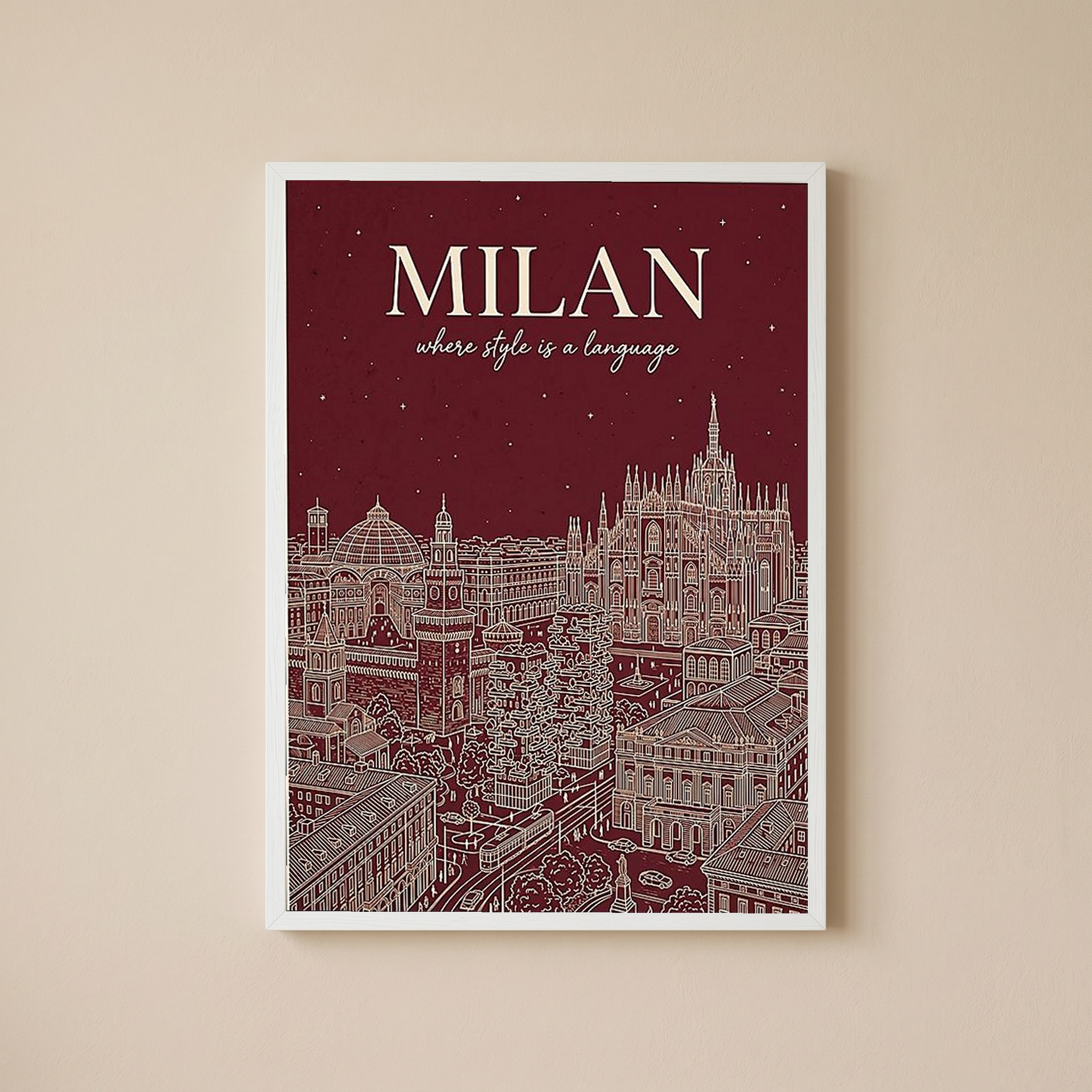 Milan Line Art Print — Wine Red Duomo Skyline Wall Art