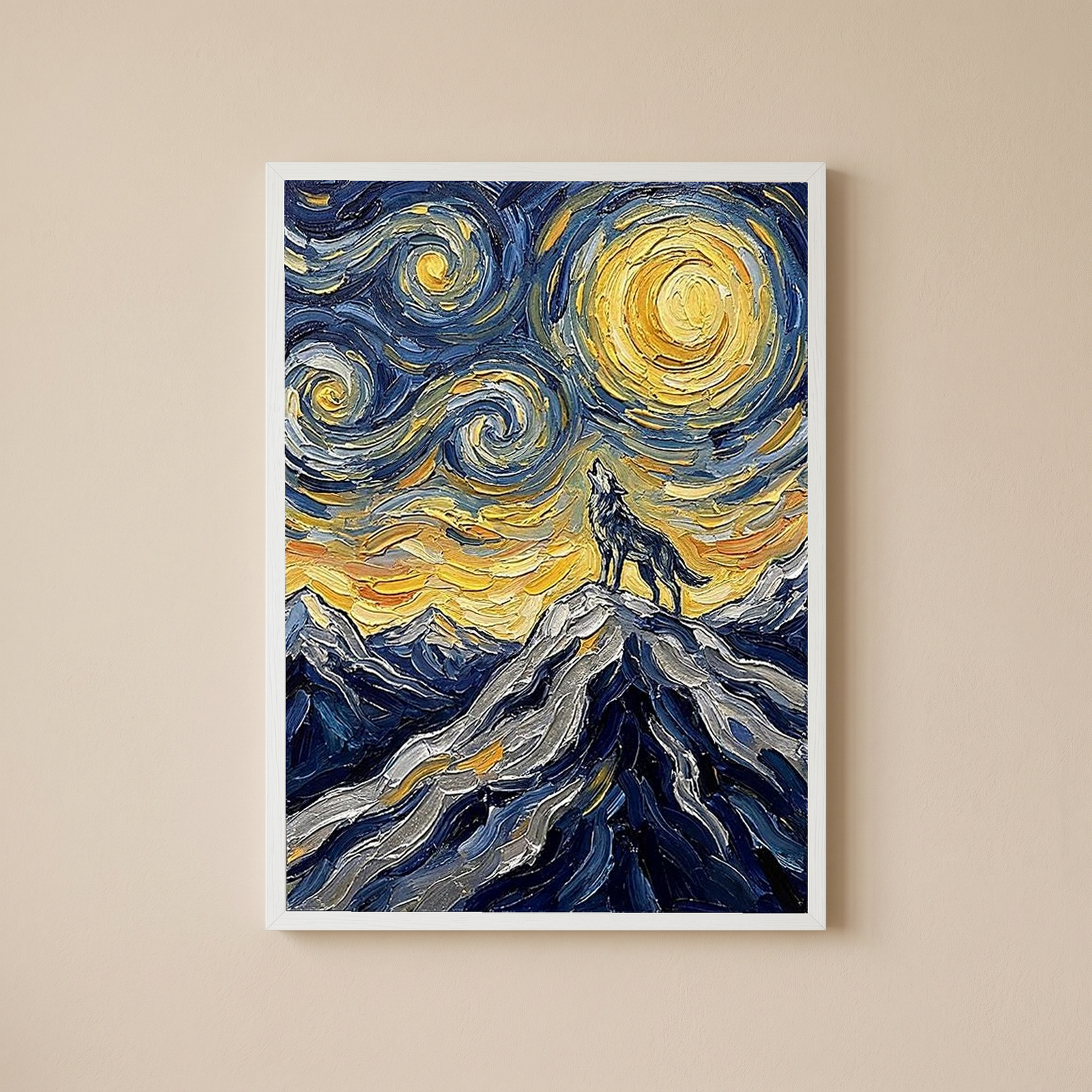 Lone Wolf Howling Mountain Peak Print — Van Gogh Starry Night Wall Art