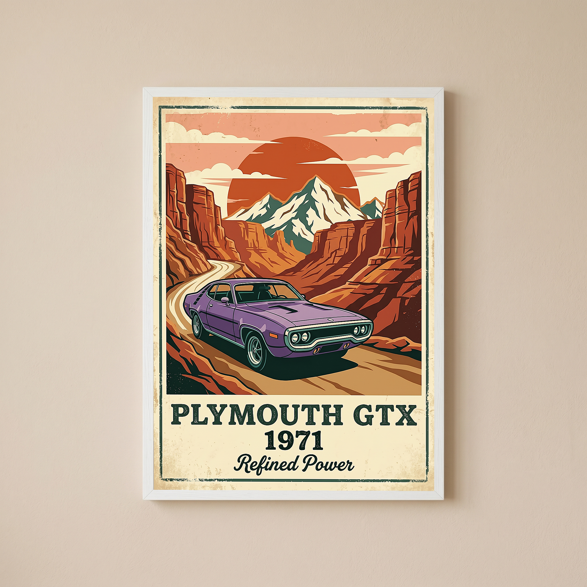 Plymouth GTX 1971 Poster — Vintage Muscle Car Red Rock Canyon Print