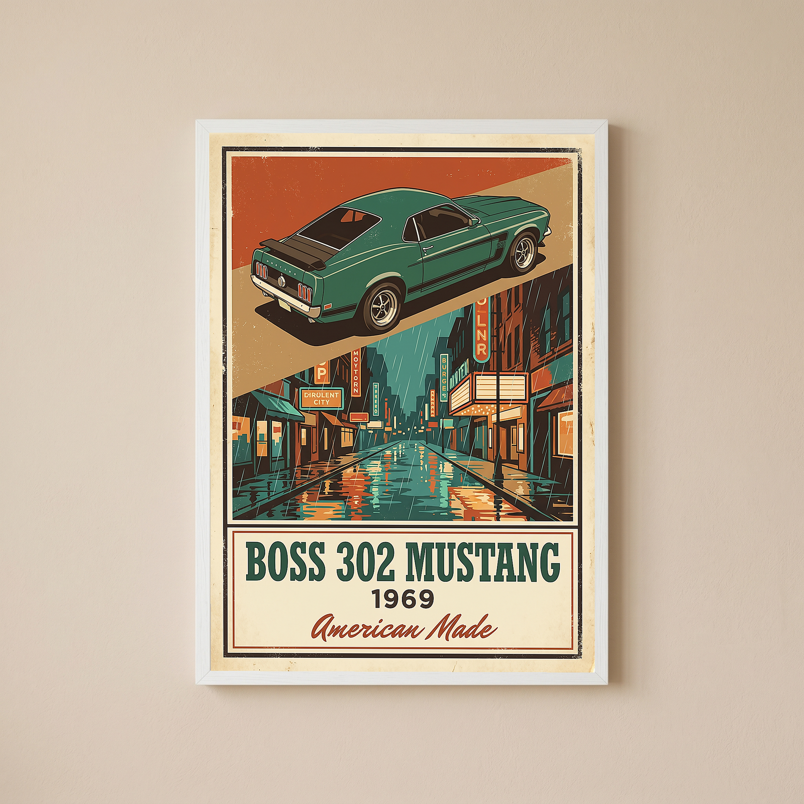 Boss 302 Mustang 1969 V2 Poster — Vintage Muscle Rainy Cinema Street Print
