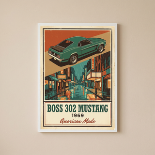 Boss 302 Mustang 1969 V2 Poster — Vintage Muscle Rainy Cinema Street Print