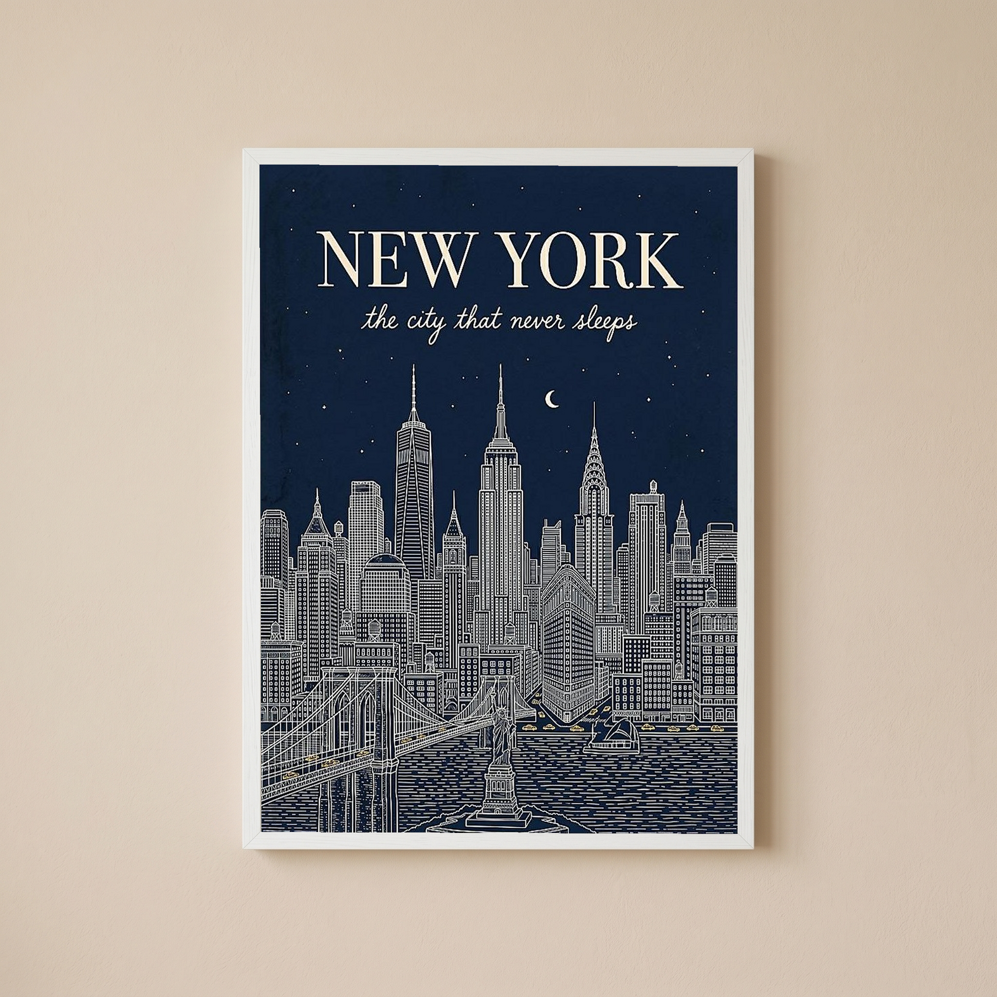 New York Line Art Print — Navy Manhattan Skyline Empire State Brooklyn Bridge Wall Art