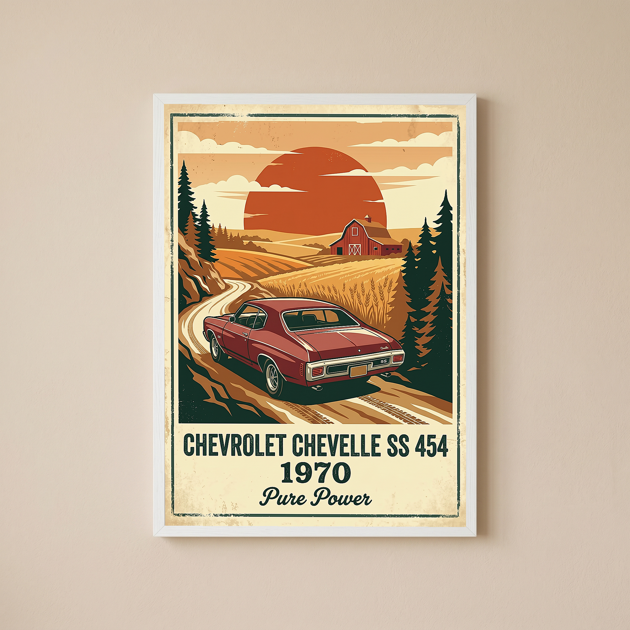 Chevrolet Chevelle SS 454 1970 V2 Poster — Vintage Muscle Car Wheat Field Sunset Print