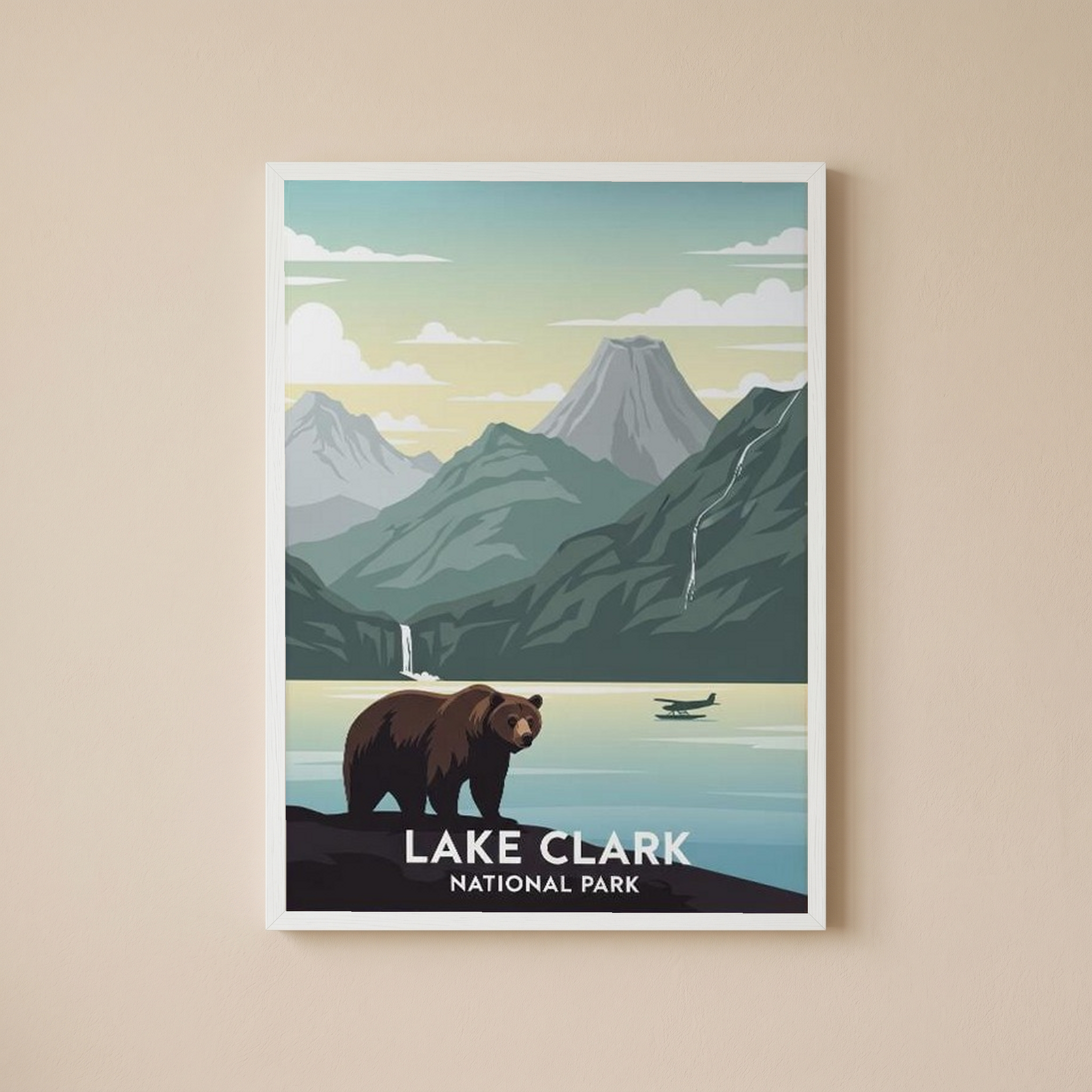 Lake Clark National Park Poster — Vintage Alaska Brown Bear Floatplane Print
