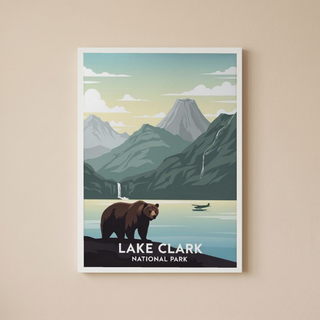 Lake Clark National Park Poster — Vintage Alaska Brown Bear Floatplane Print