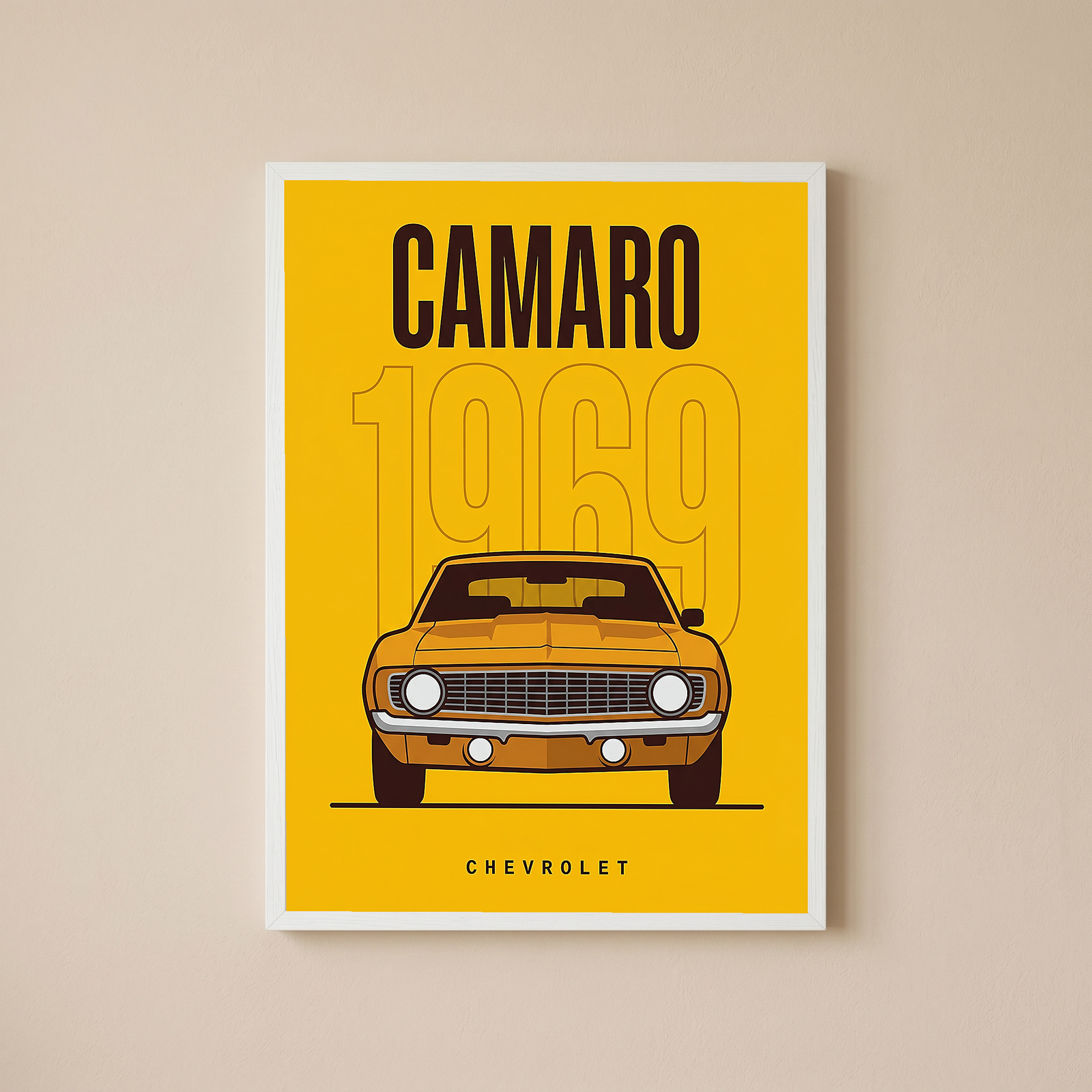 Chevrolet Camaro 1969 V2 Yellow Minimalist Poster — Muscle Car Line Art