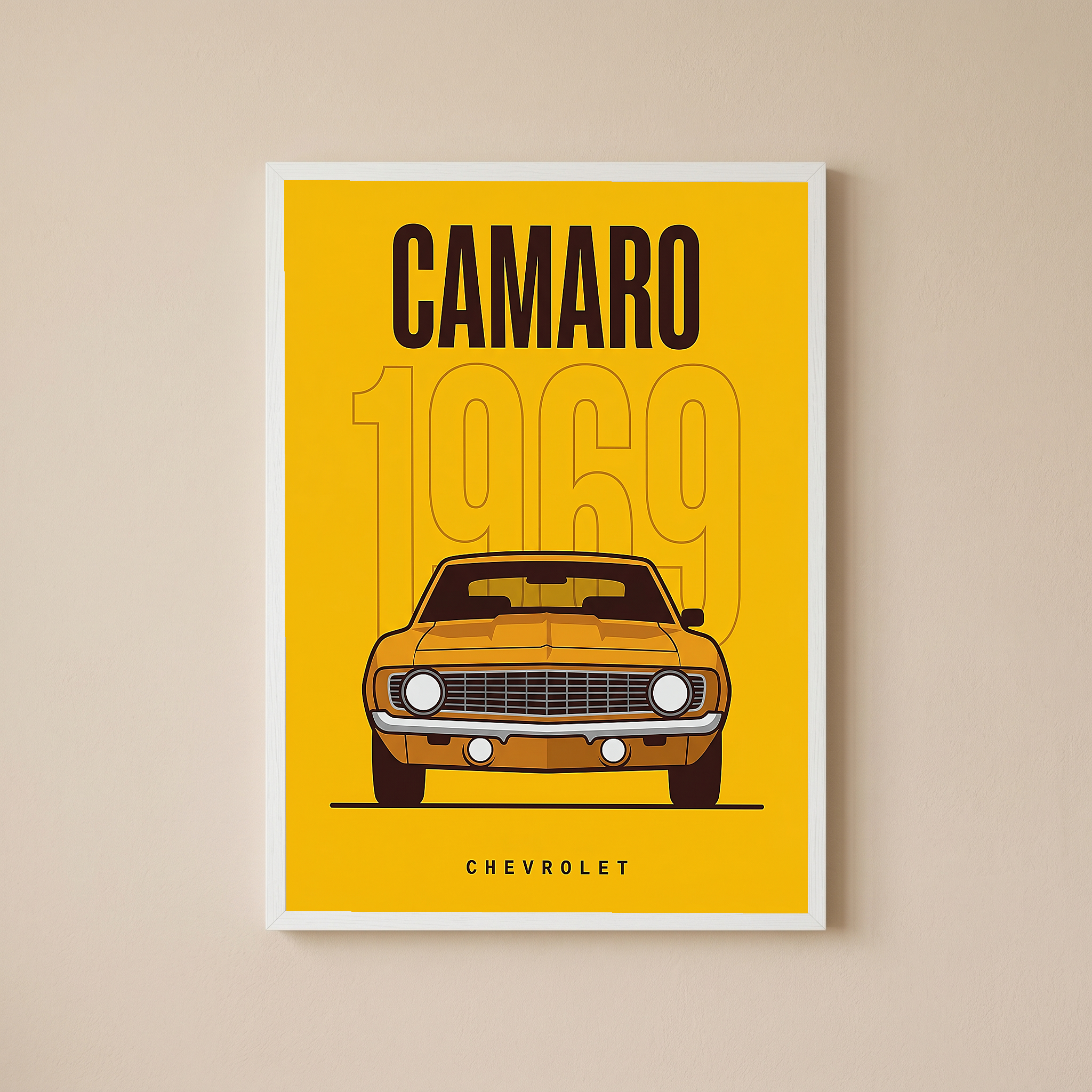 Chevrolet Camaro 1969 V2 Yellow Minimalist Poster — Muscle Car Line Art