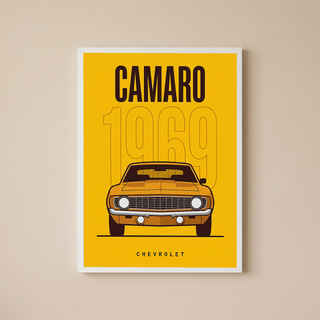 Chevrolet Camaro 1969 V2 Yellow Minimalist Poster — Muscle Car Line Art