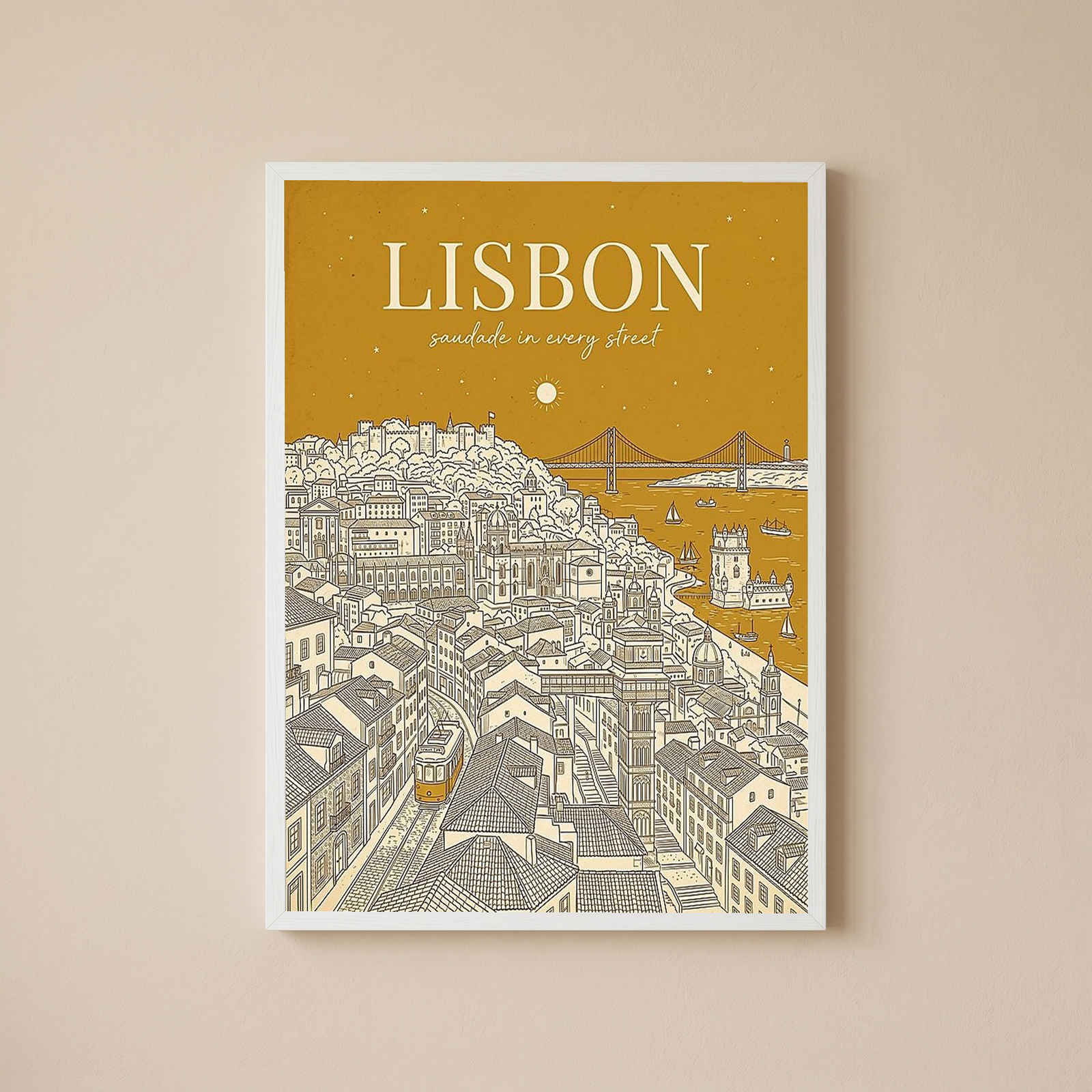 Lisbon Line Art Print — Mustard Yellow Tram Belém Tower Skyline Wall Art