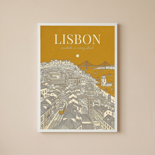 Lisbon Line Art Print — Mustard Yellow Tram Belém Tower Skyline Wall Art
