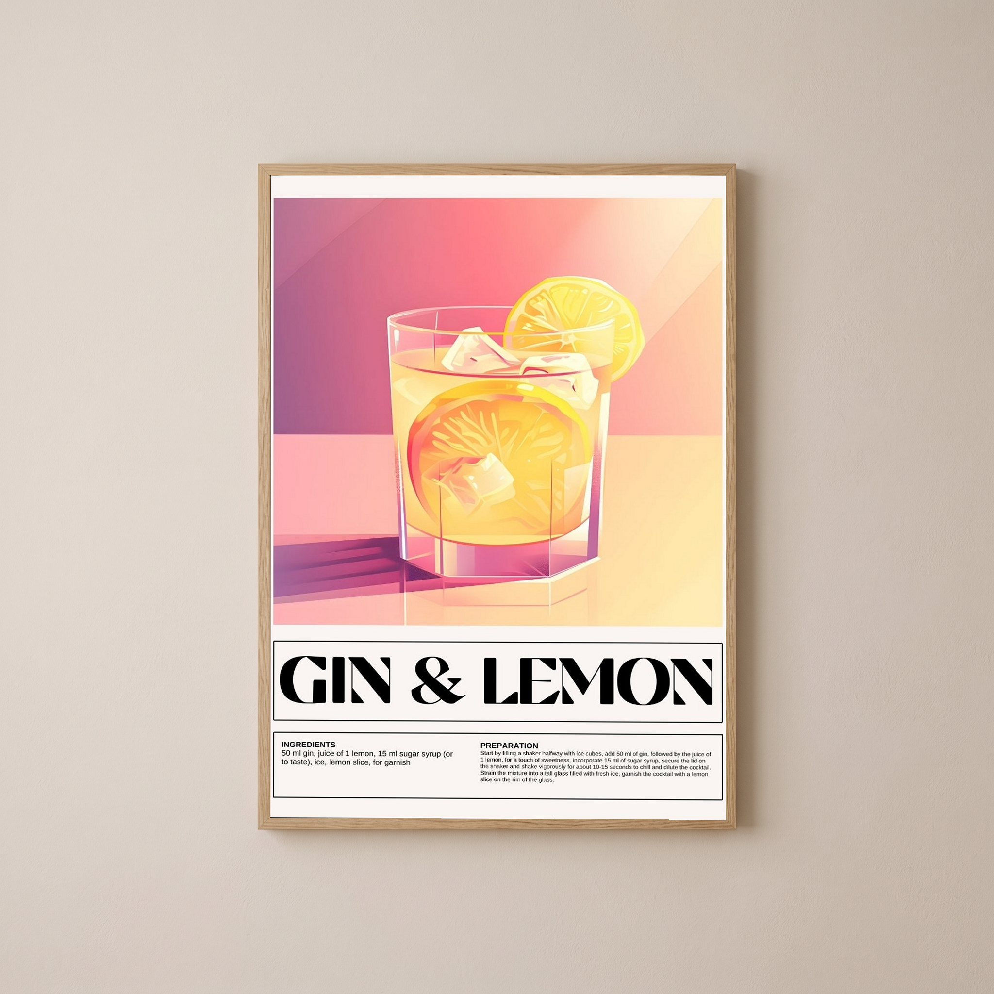 Gin & Lemon Wall Art Print — Classic Cocktail Poster