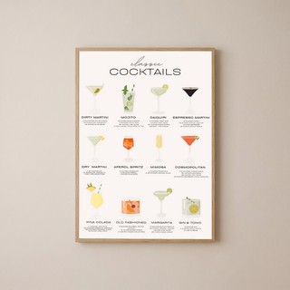 Classic Cocktails Wall Art Print — Vintage Bar Menu Poster
