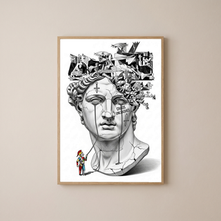 Chaos Unleashed — Surreal David Bust Meets Picasso's Guernica Wall Art Print