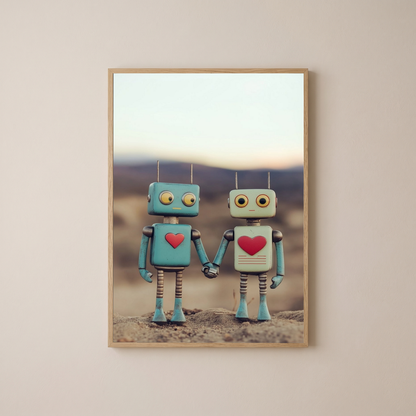 Tin Can Love Wall Art Print — Whimsical Robot Romance Poster
