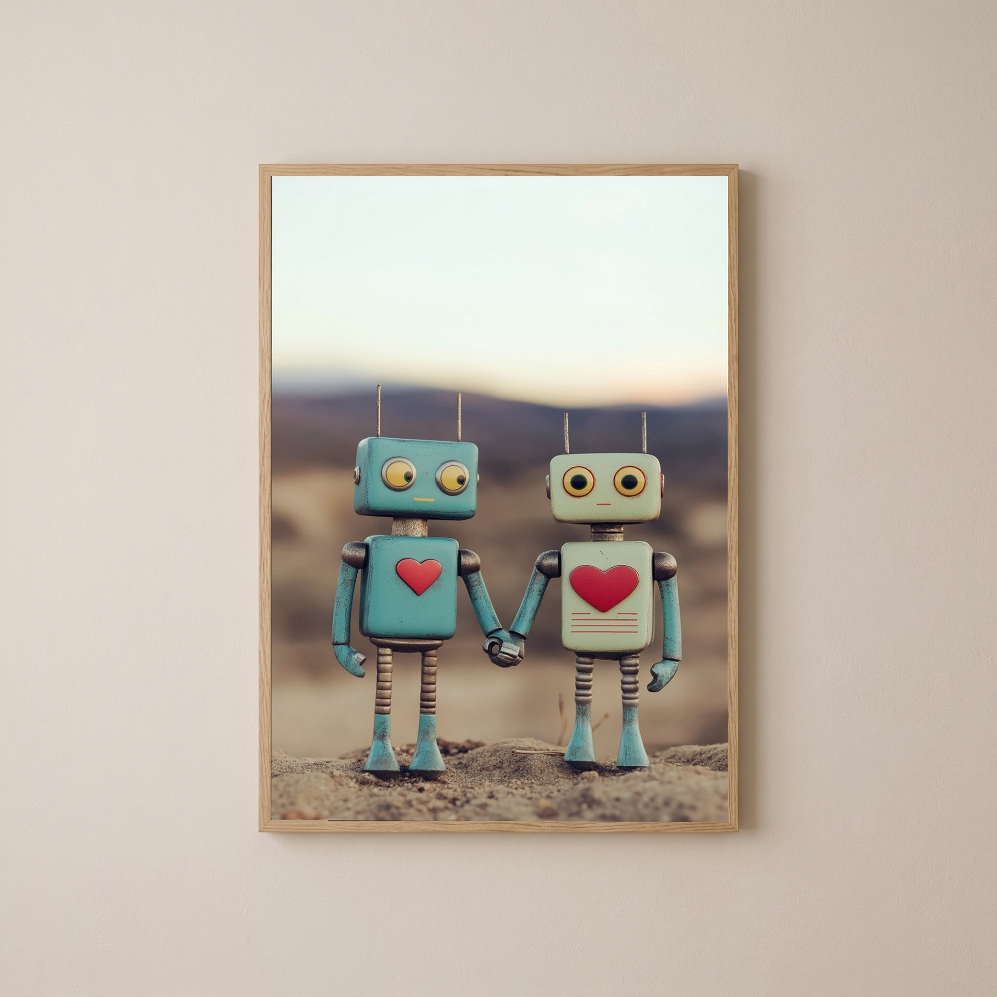 Tin Can Love Wall Art Print — Whimsical Robot Romance Poster