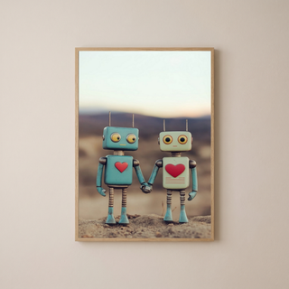 Tin Can Love Wall Art Print — Whimsical Robot Romance Poster
