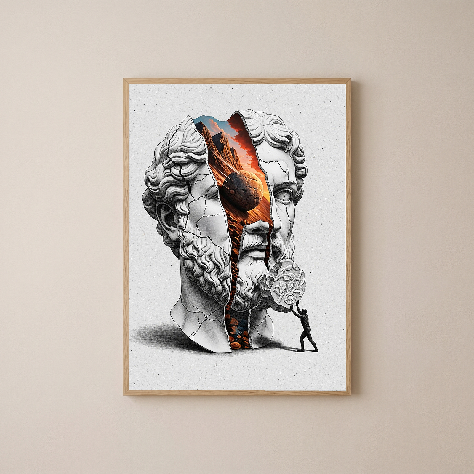 Sisyphus Eternal Struggle — Surreal Heracles Bust Wall Art Print