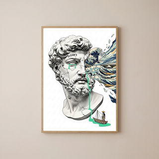 Ocean's Hokusai — Surreal Poseidon Bust Wall Art Print