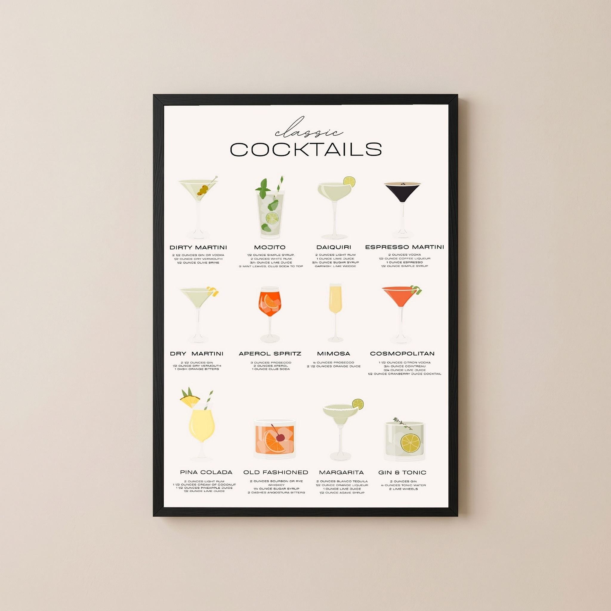 Classic Cocktails Wall Art Print — Vintage Bar Menu Poster