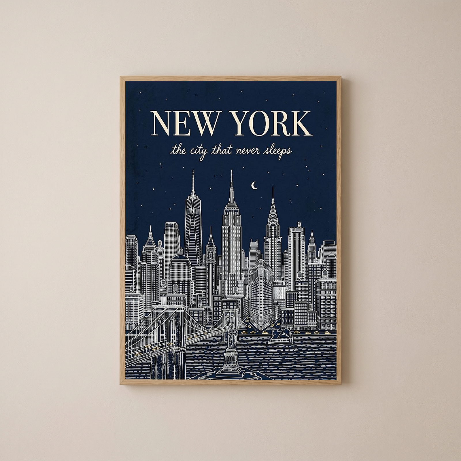 New York Line Art Print — Navy Manhattan Skyline Empire State Brooklyn Bridge Wall Art