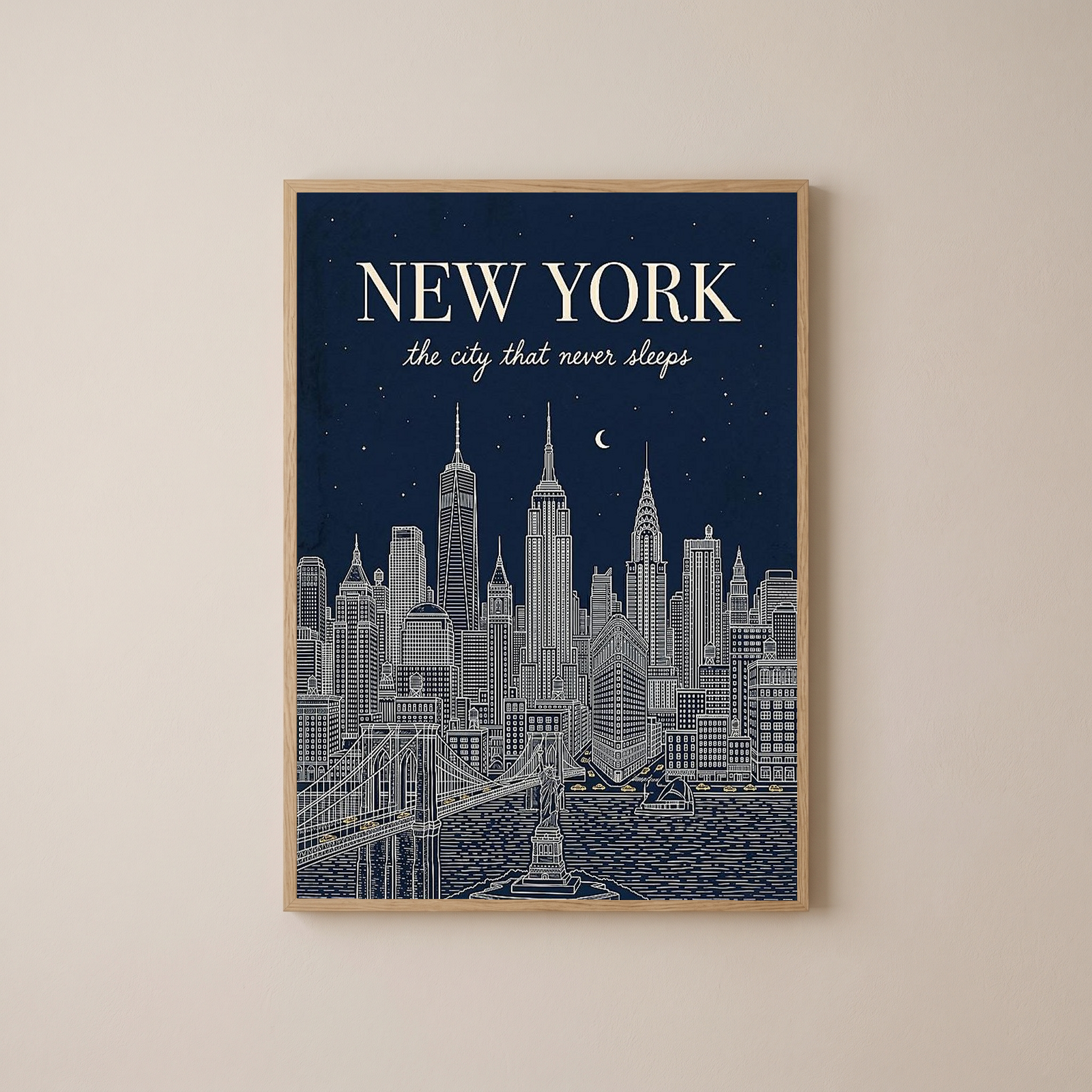 New York Line Art Print — Navy Manhattan Skyline Empire State Brooklyn Bridge Wall Art