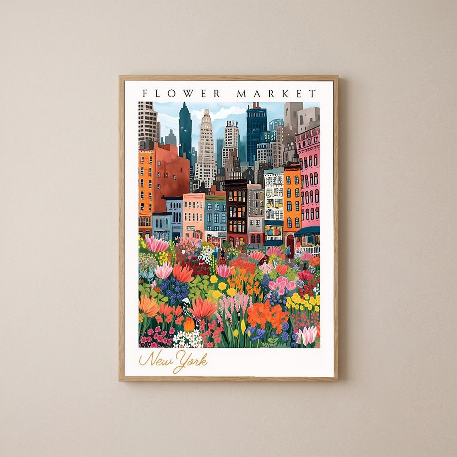 New York Flower Market Print — NYC Skyline Cityscape Botanical Art