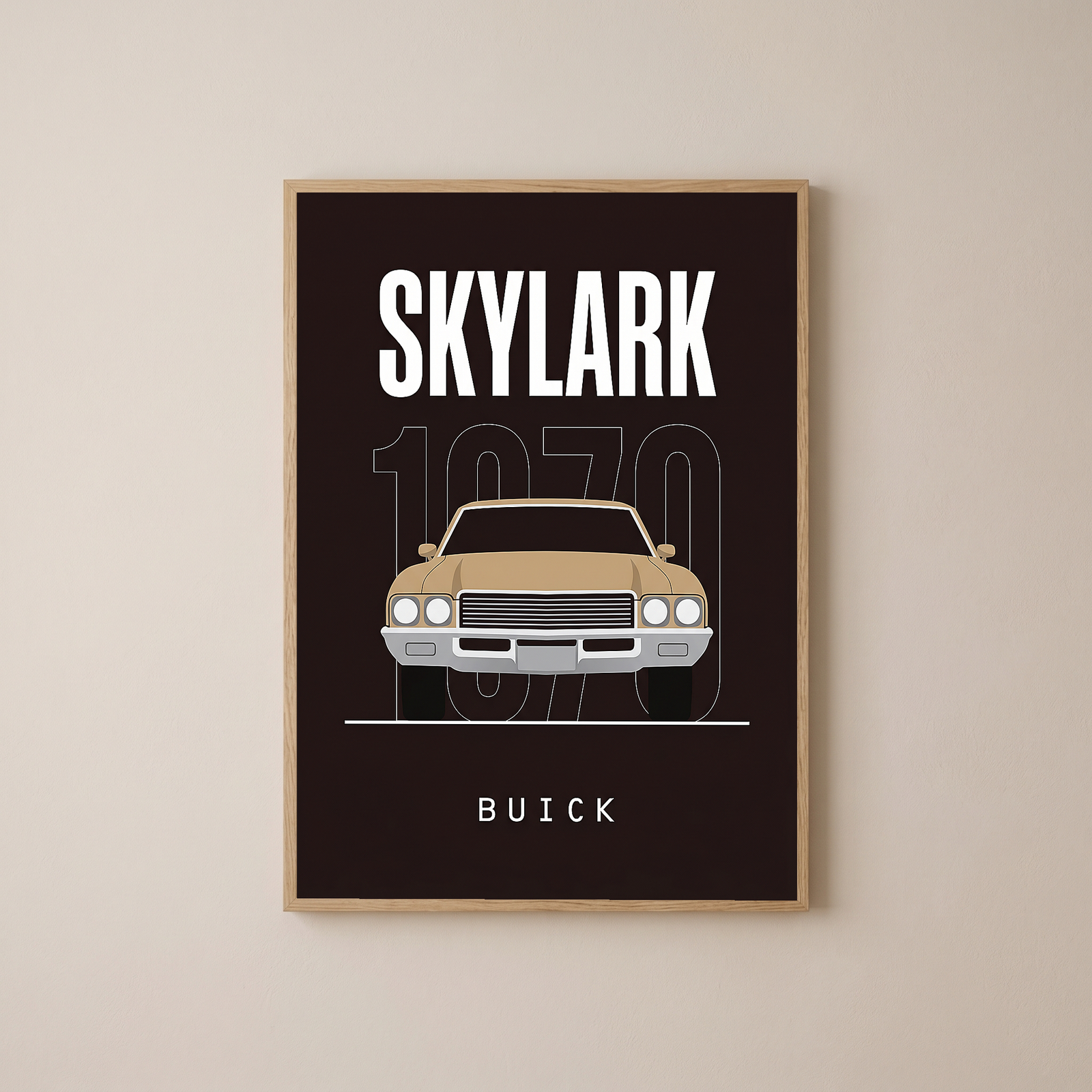 Buick Skylark 1970 Minimalist Poster — Tan on Espresso Muscle Car Line Art
