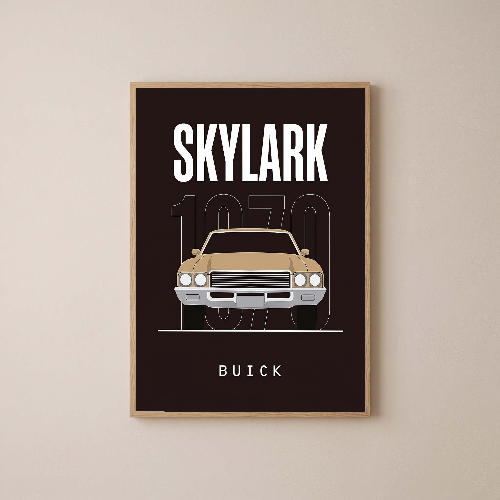 Buick Skylark 1970 Minimalist Poster — Tan on Espresso Muscle Car Line Art