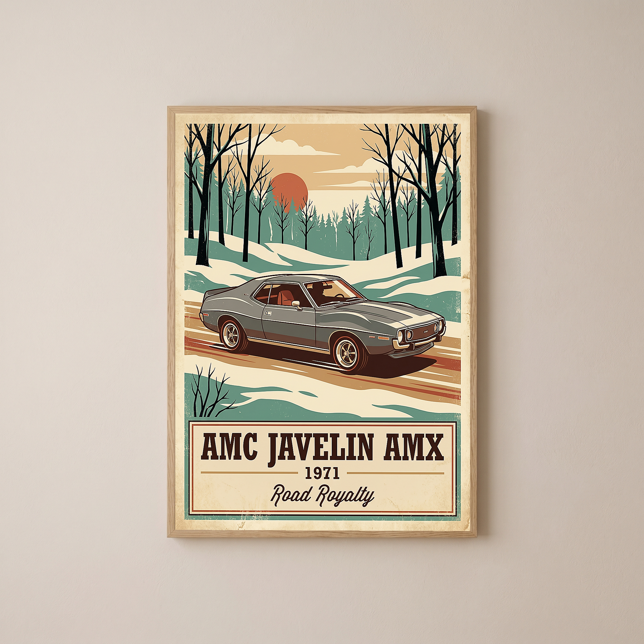AMC Javelin AMX 1971 V2 Poster — Vintage Muscle Winter Snow Birch Forest Print
