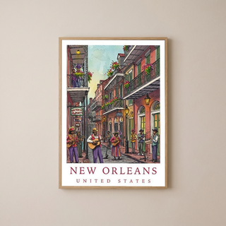 New Orleans Travel Poster — French Quarter Jazz Buskers Street Print