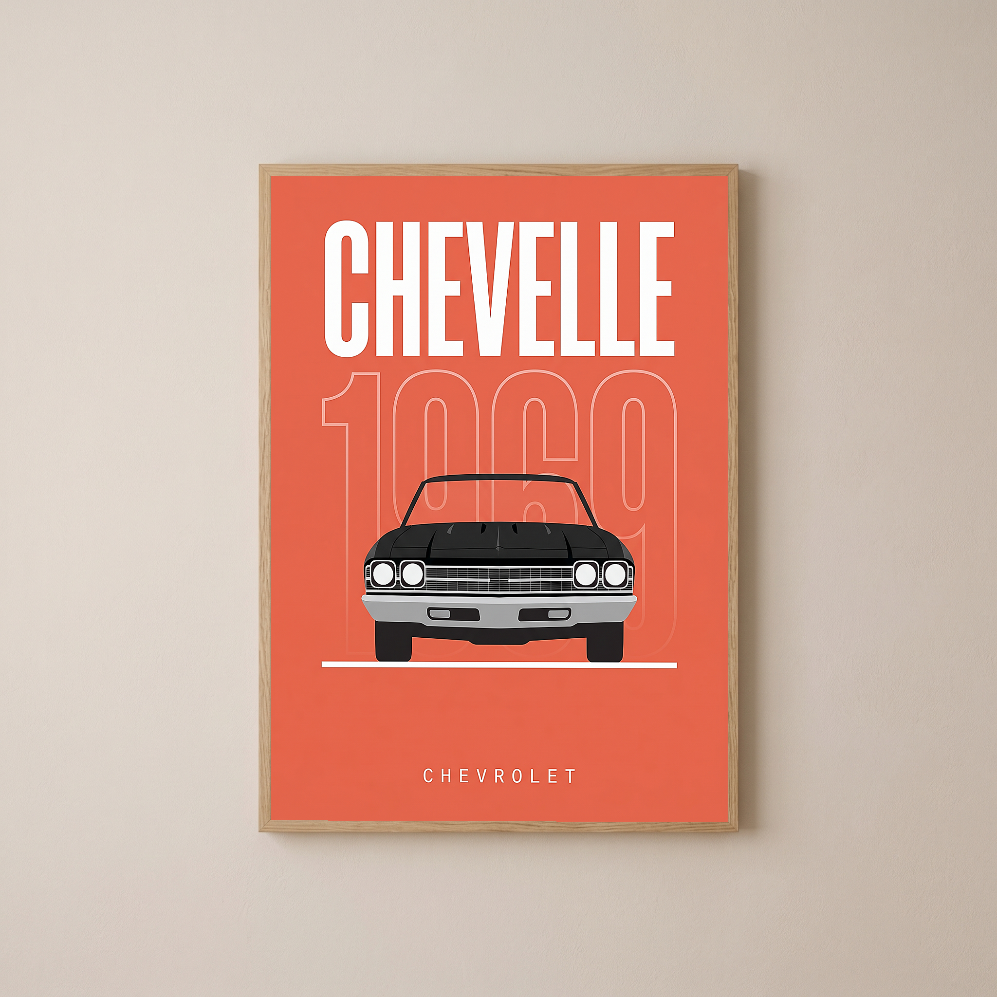 Chevrolet Chevelle 1969 Minimalist Poster — Coral Convertible Muscle Line Art