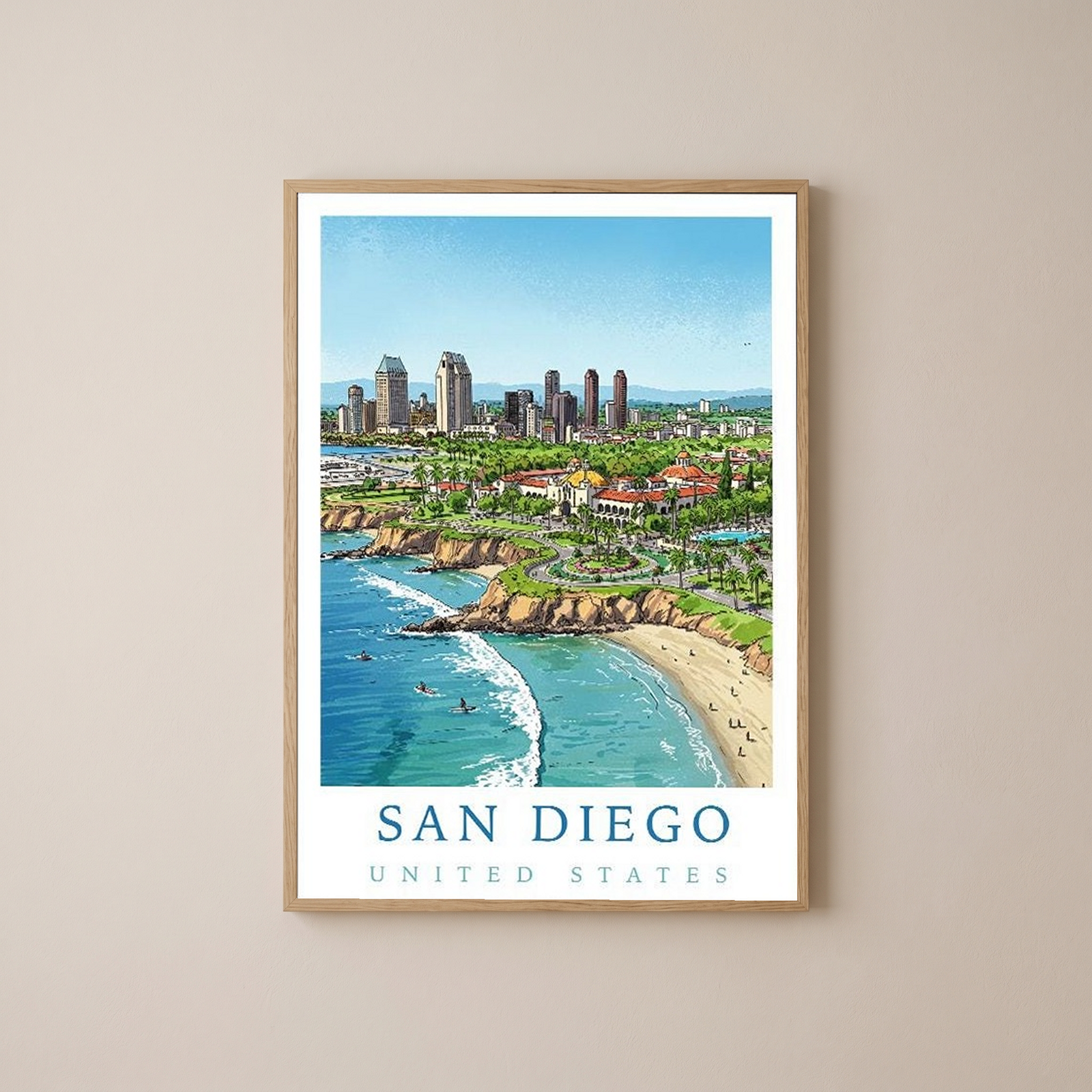 San Diego Travel Poster — Coastal Skyline Cabrillo Beach Print
