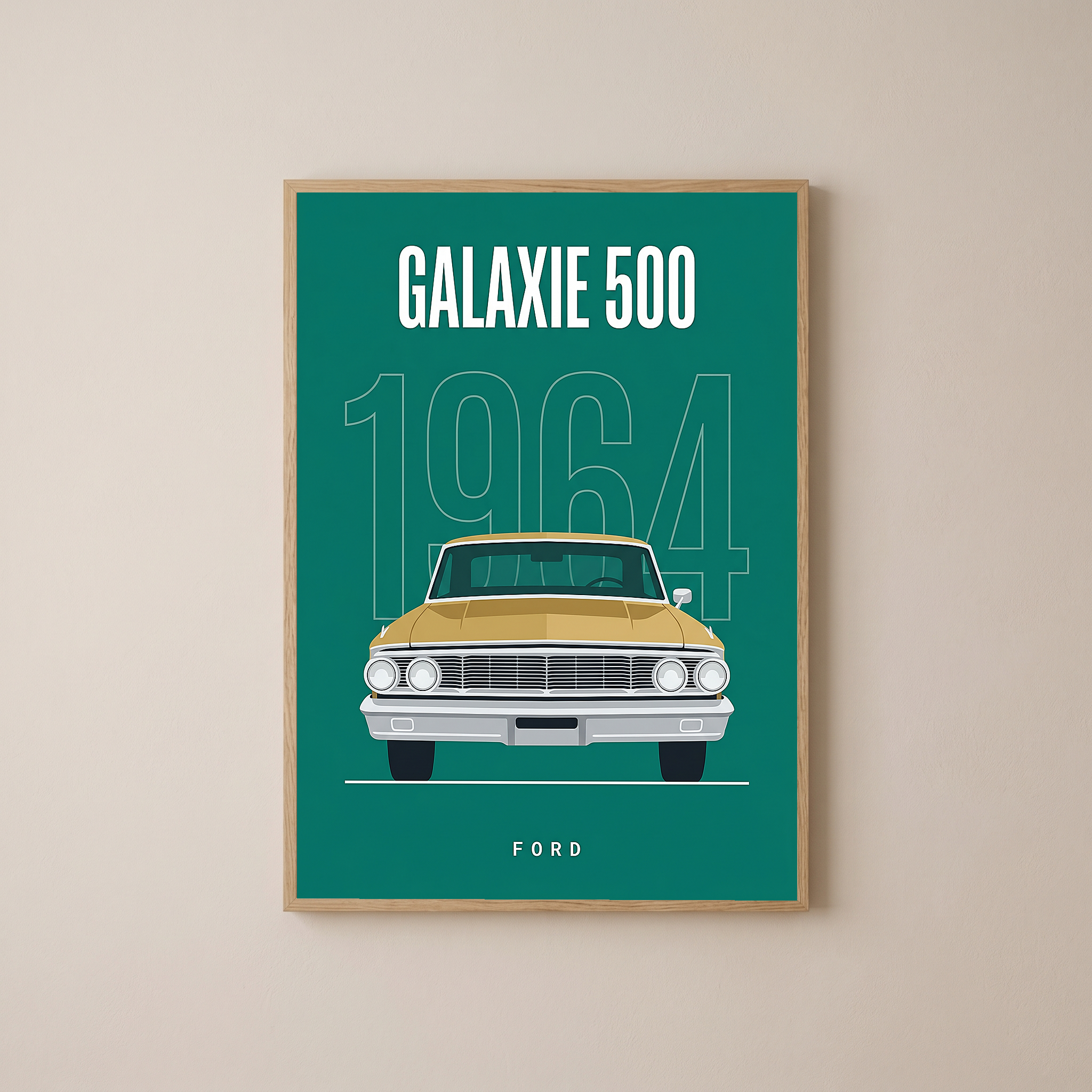 Ford Galaxie 500 1964 Minimalist Poster — Teal Full-Size Classic Line Art