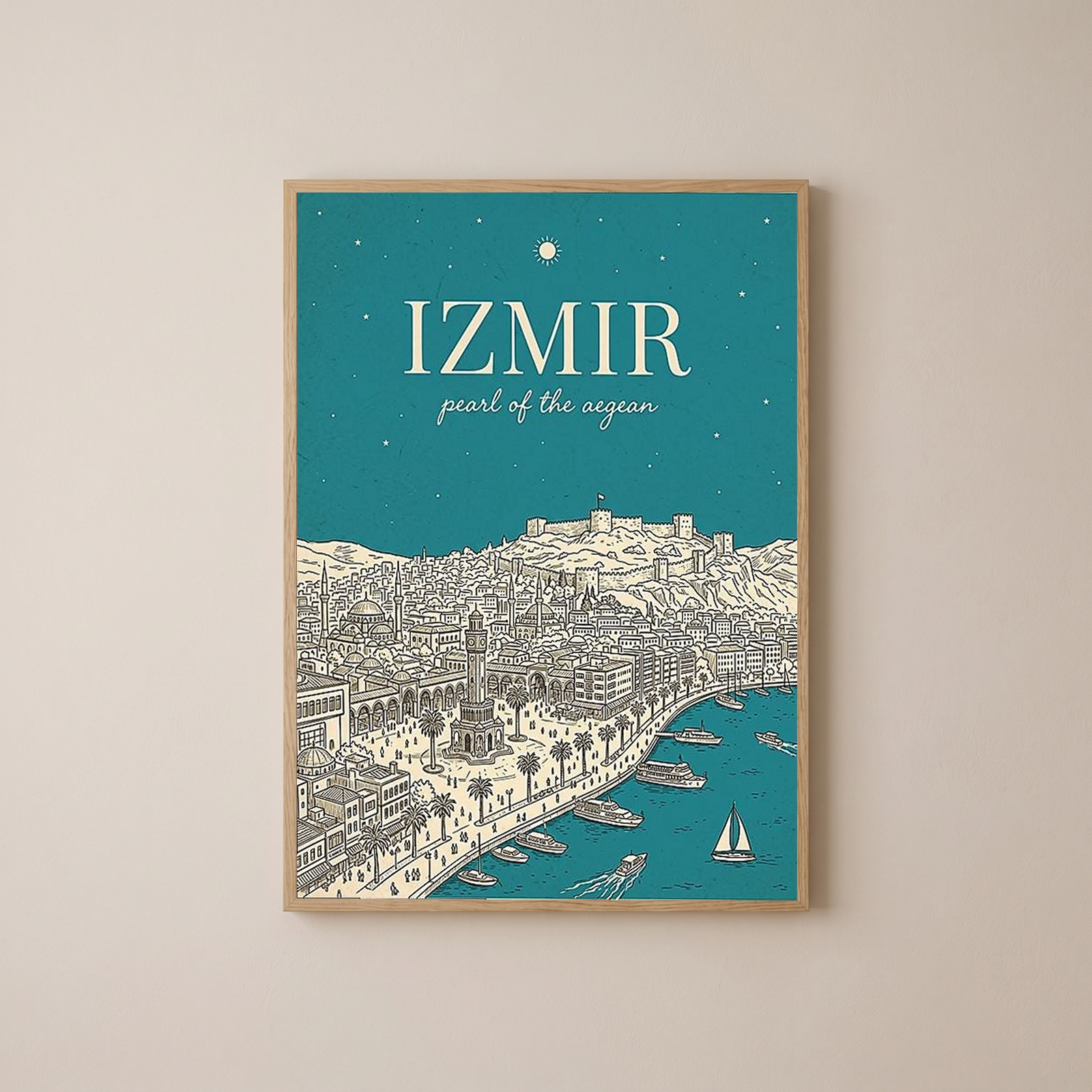 İzmir Line Art Print — Teal Clock Tower Kadifekale Aegean Coast Wall Art