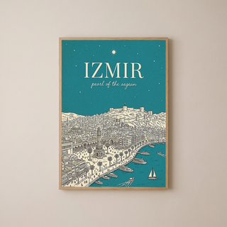 İzmir Line Art Print — Teal Clock Tower Kadifekale Aegean Coast Wall Art
