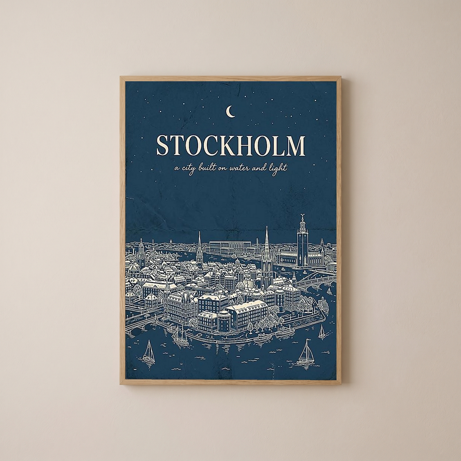 Stockholm Line Art Print — Navy Gamla Stan Old Town Skyline Wall Art