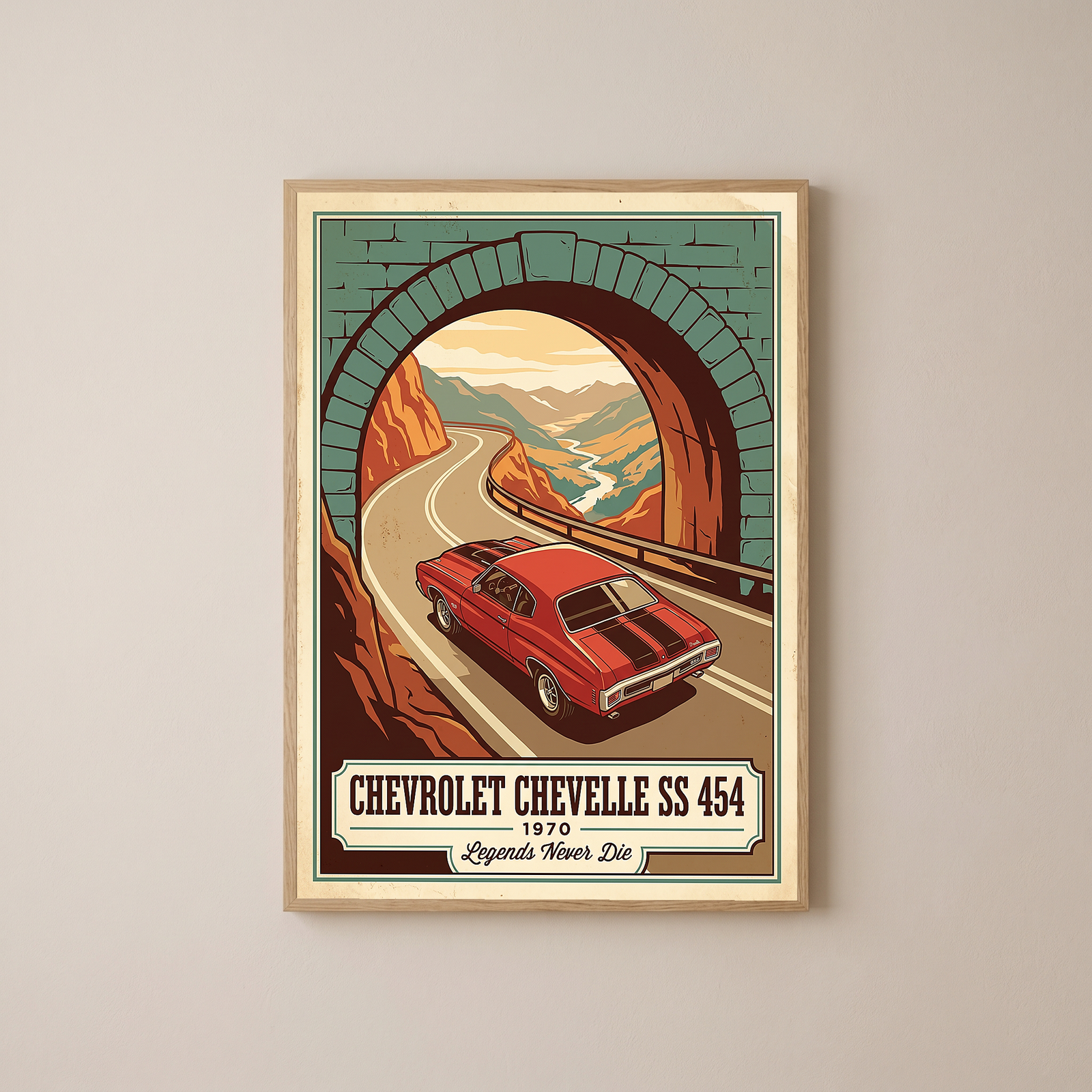 Chevrolet Chevelle SS 454 1970 V9 Stone Tunnel Poster — Vintage Muscle Mountain Pass