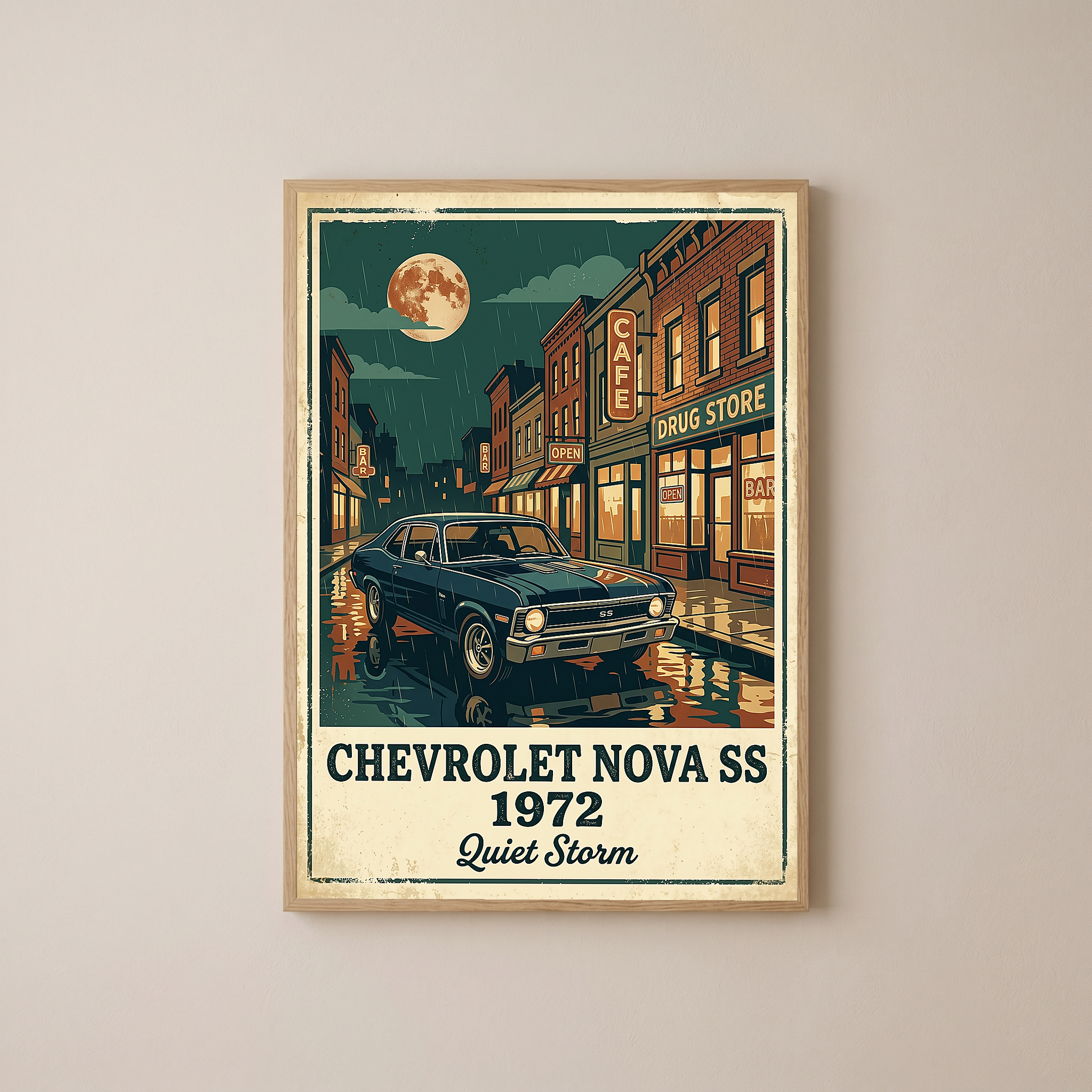 Chevrolet Nova SS 1972 Poster — Vintage Muscle Car Rainy Night Street Print