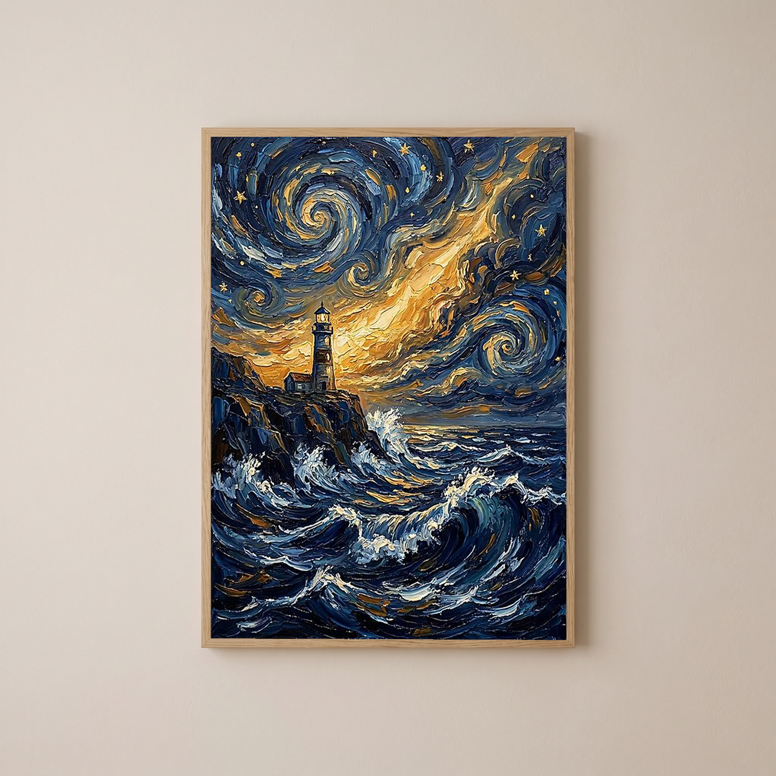 Lighthouse Stormy Sea Print — Van Gogh Starry Night Coastal Wall Art