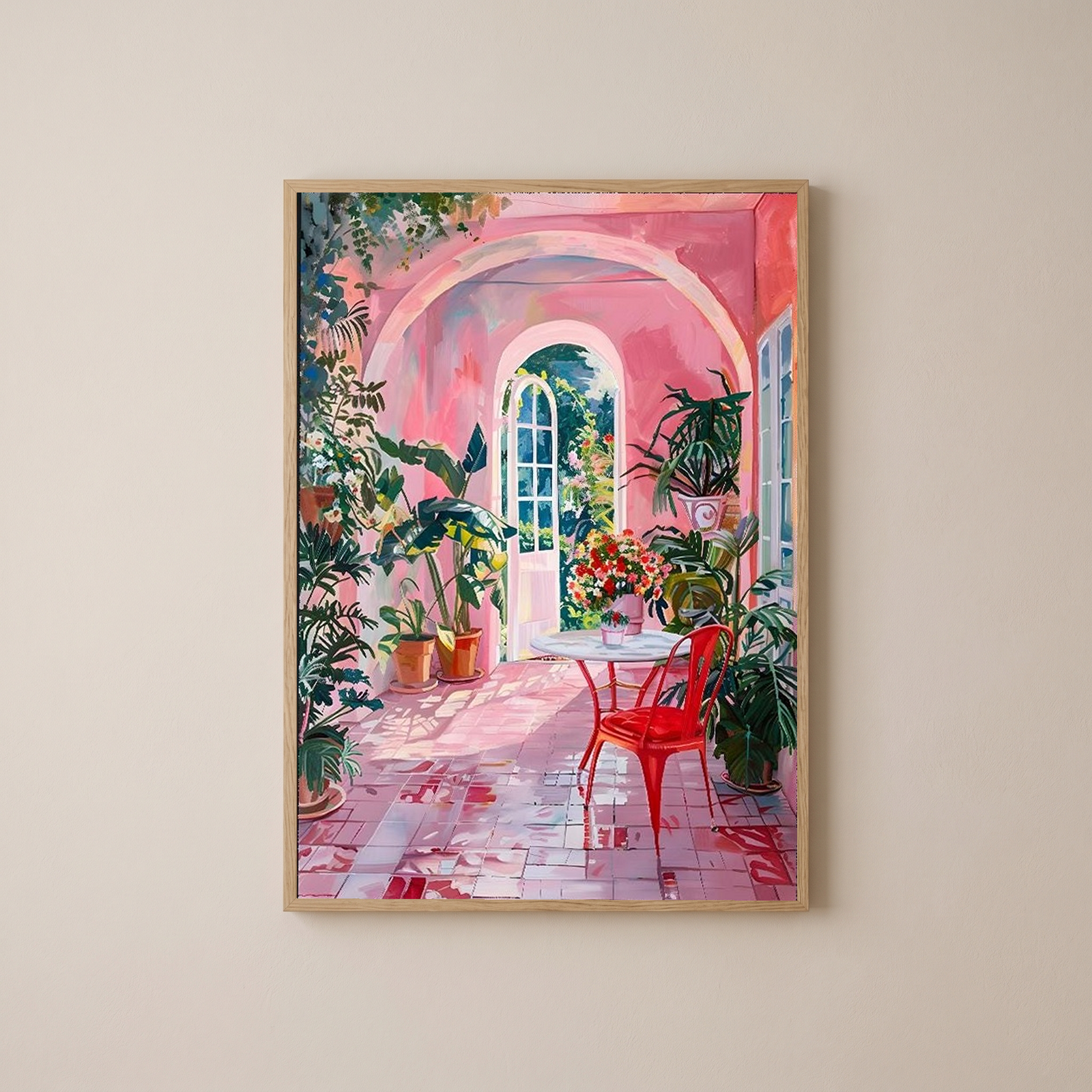 Pink Botanical Archway Painting — Lush Indoor Garden Conservatory Poster