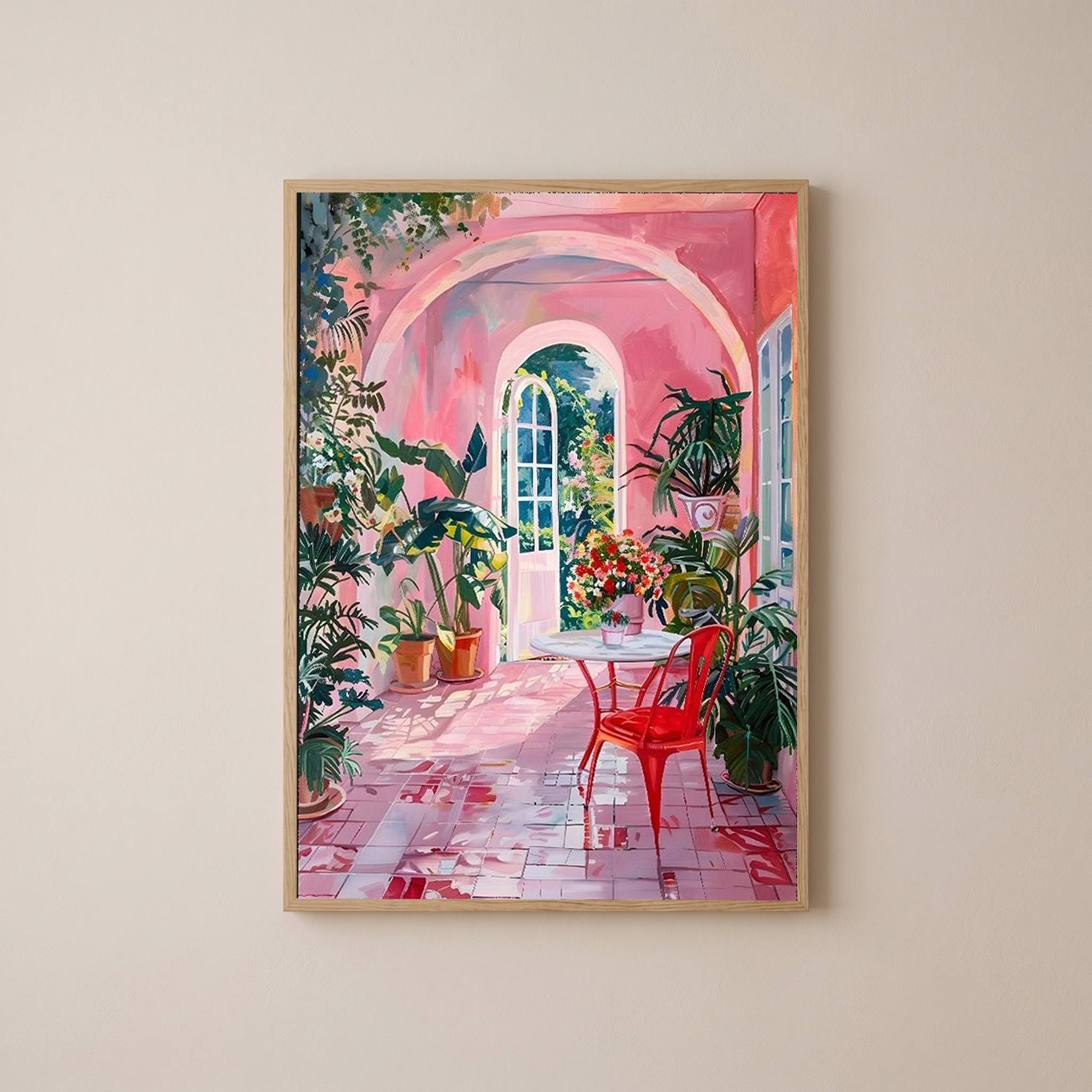 Pink Botanical Archway Painting — Lush Indoor Garden Conservatory Poster