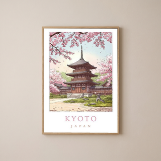 Kyoto Japan Travel Poster — Cherry Blossom Pagoda Temple Print