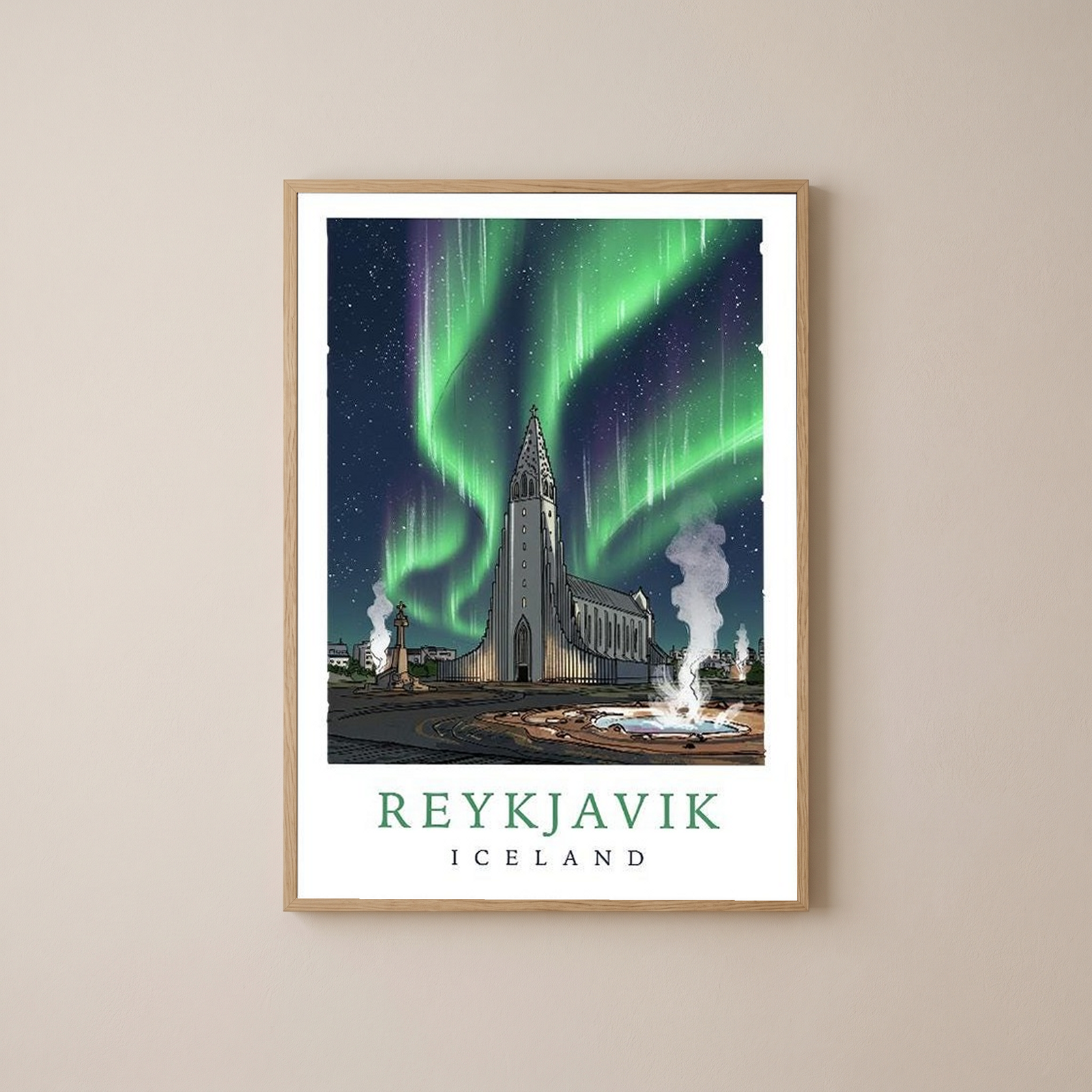 Reykjavik Iceland Travel Poster — Hallgrímskirkja Northern Lights Print