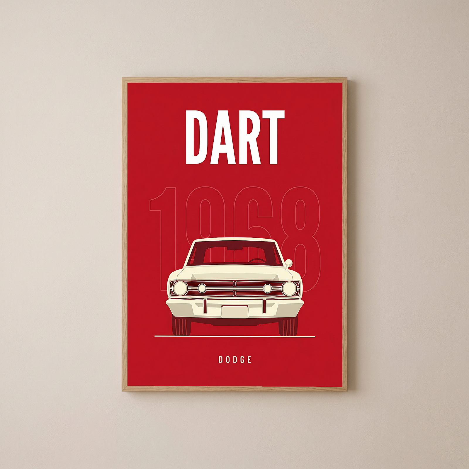 Dodge Dart 1968 Minimalist Poster — Ivory on Cherry Red Muscle Line Art