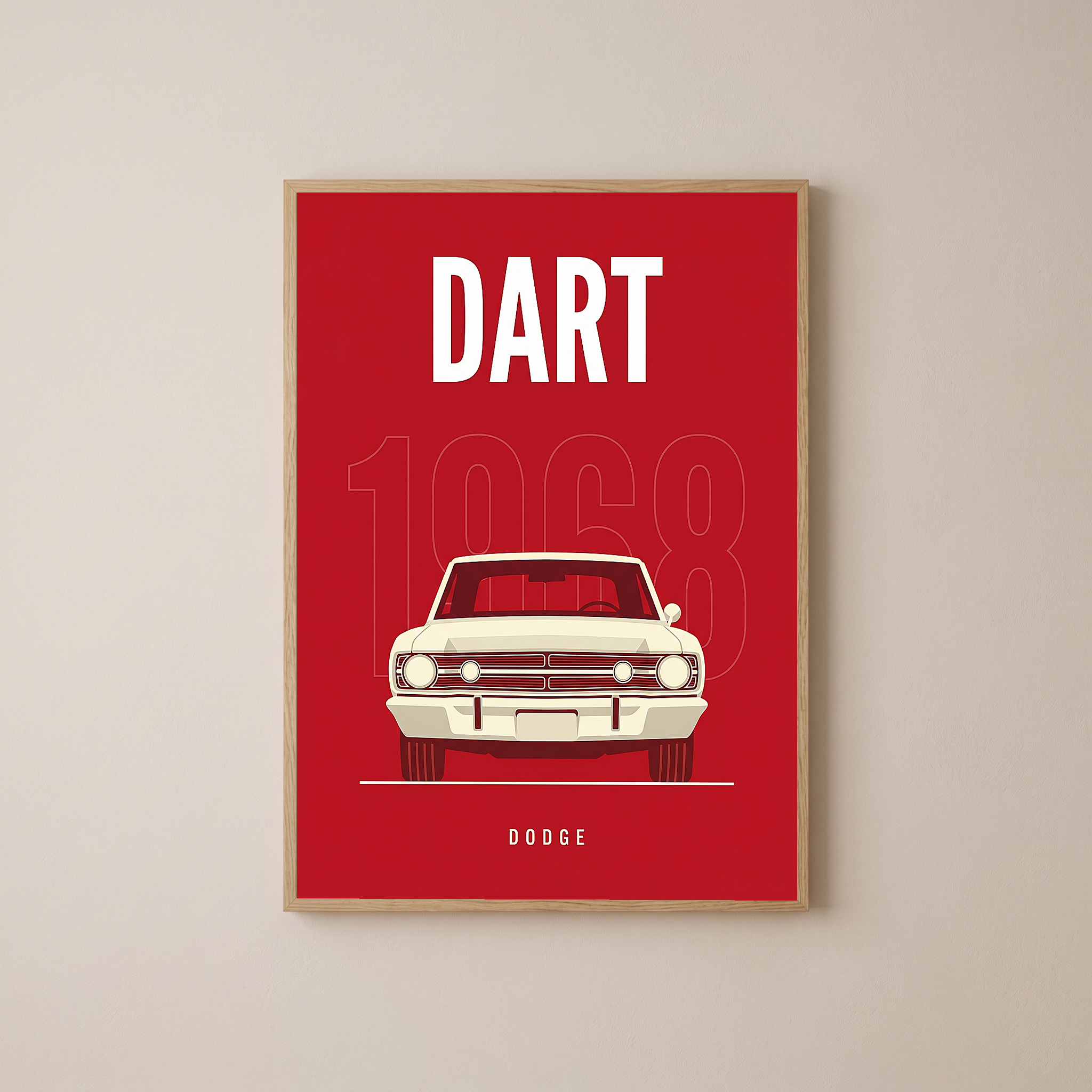Dodge Dart 1968 Minimalist Poster — Ivory on Cherry Red Muscle Line Art