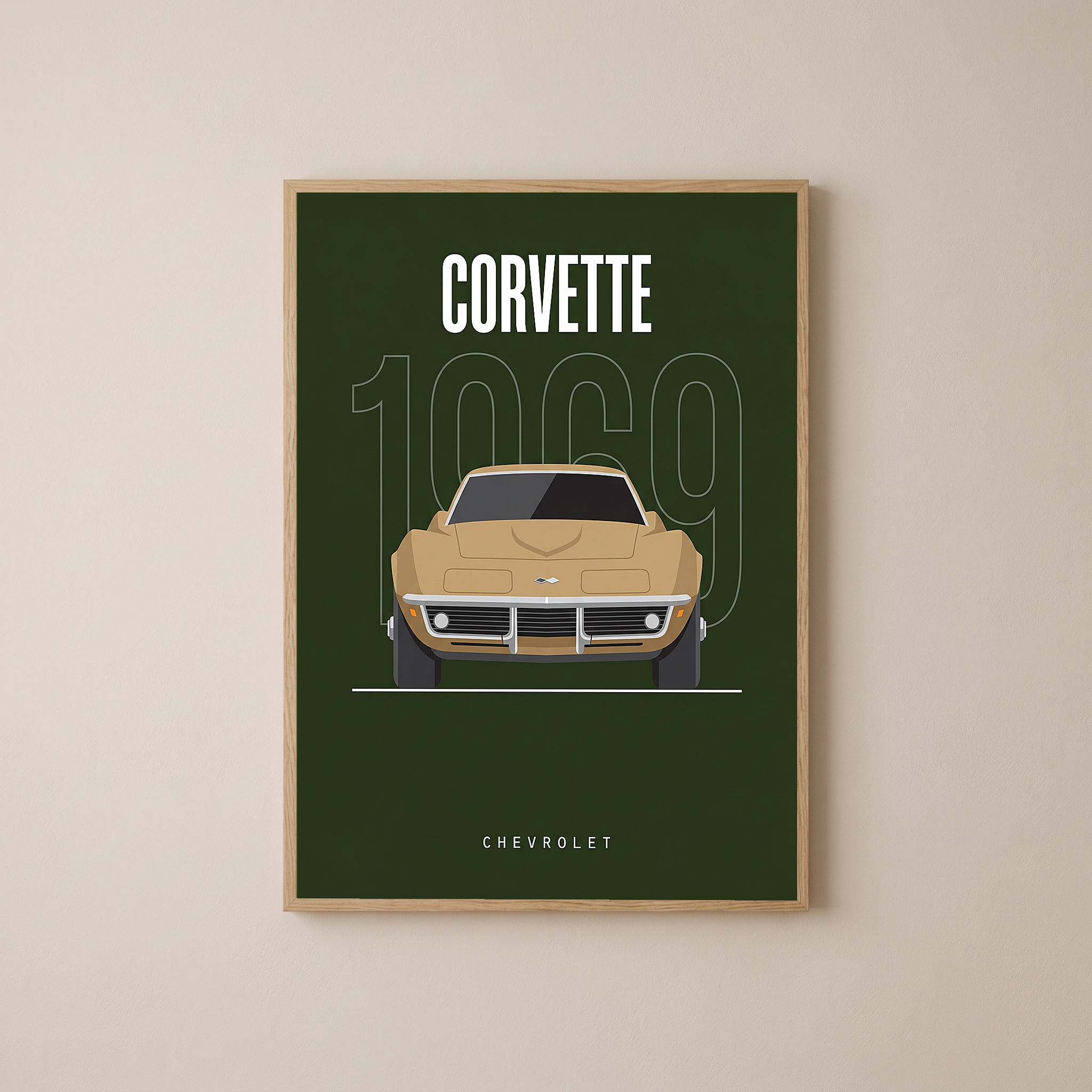 Chevrolet Corvette 1969 Minimalist Poster — Forest Green Muscle Car Line Art