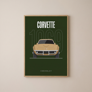 Chevrolet Corvette 1969 Minimalist Poster — Forest Green Muscle Car Line Art
